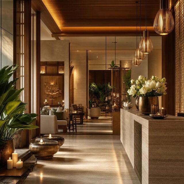Editorial luxury spa interior with warm wood, stone, candlelight and lotus details