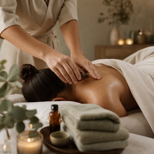 Editorial aromatherapy massage scene with oils, candles and soft linen
