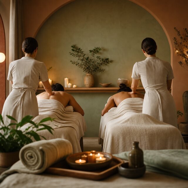 Editorial couple wellness scene with warm linen and shared relaxation