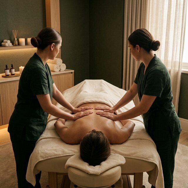 Editorial four hands massage scene with coordinated therapist movement
