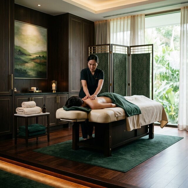 Editorial premium private massage setting with warm linen and greenery