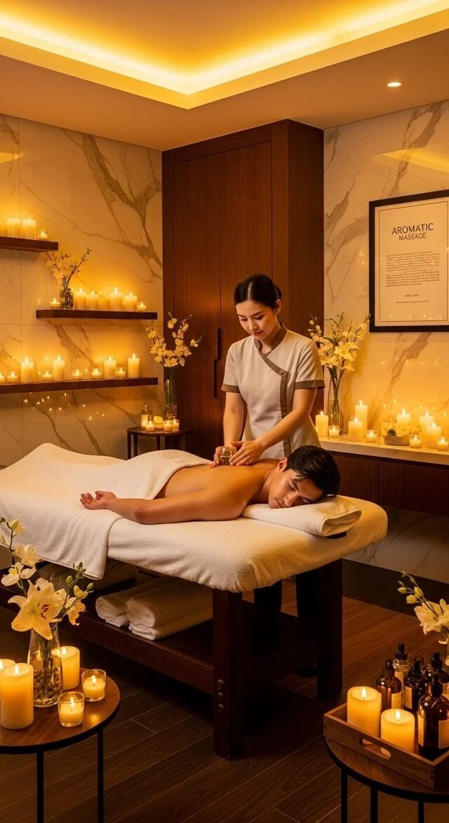 Aroma massage with essential oils in a candlelit room
