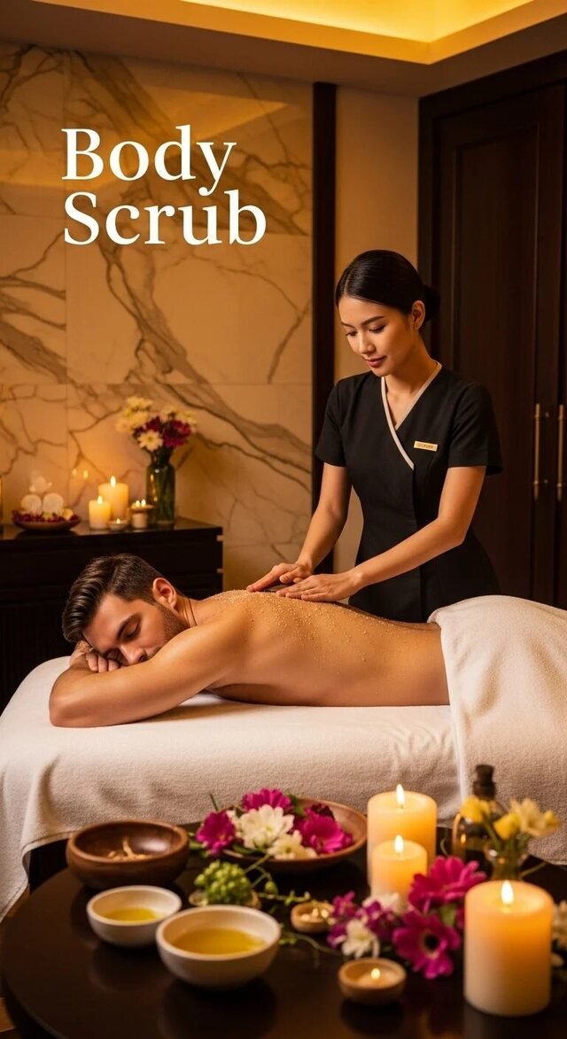 Editorial body scrub treatment scene with warm, natural spa styling