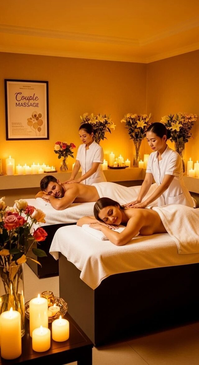 Couple massage with two guests receiving treatments together