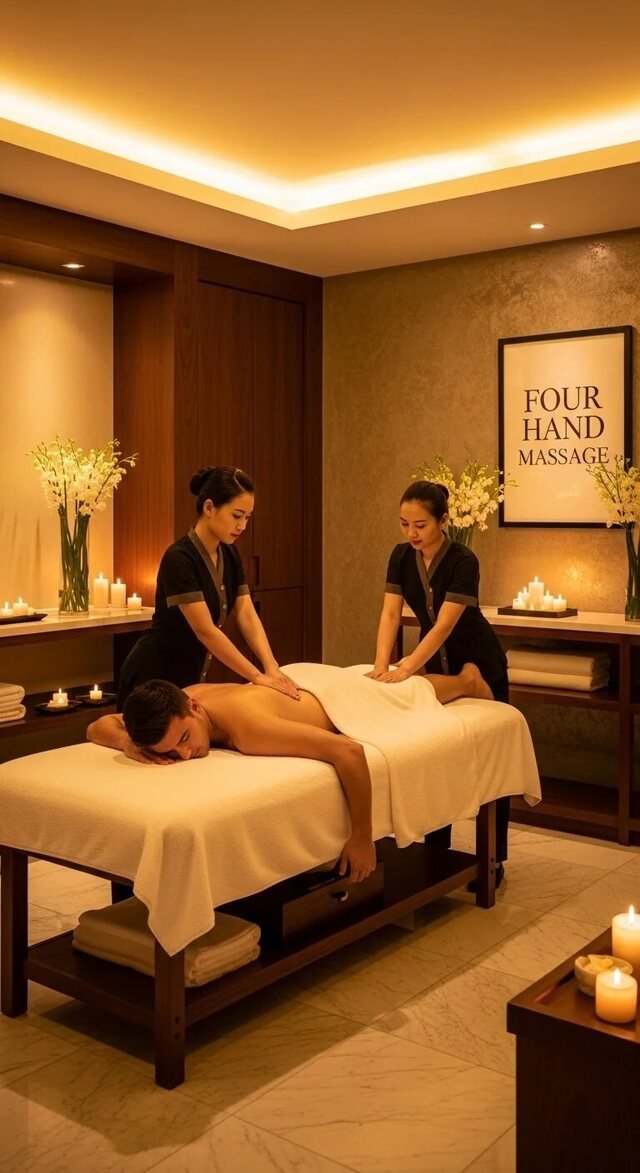 Four hands massage with two therapists working together