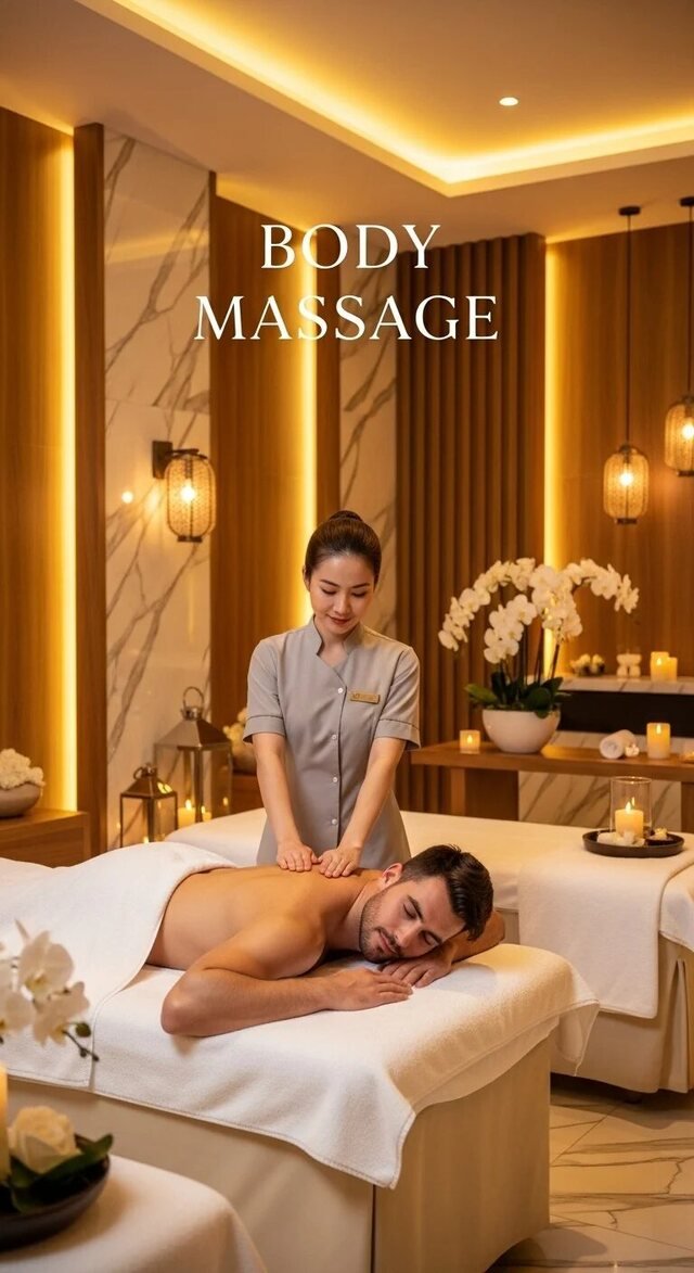Flowing massage bodywork in a warm wellness room