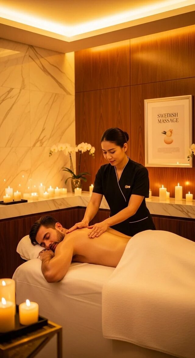 Swedish massage in a softly lit treatment room